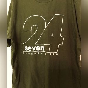 Lightly worn olive green lightly stained soft material Christian church T-shirt